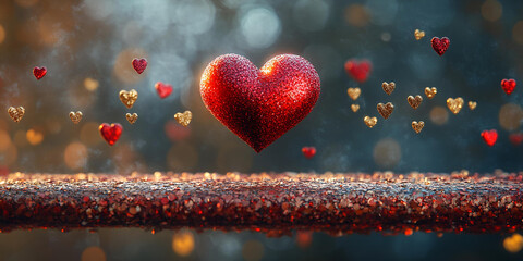 Valentine’s Day Glittering Heart Concept - Hyper-Realistic Floating Red and Gold Hearts with Sparkling Details and Dreamy Bokeh Background