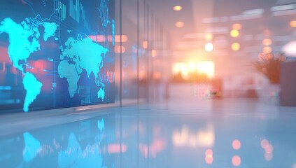 Obraz premium A modern office with radiant blue and magenta global maps