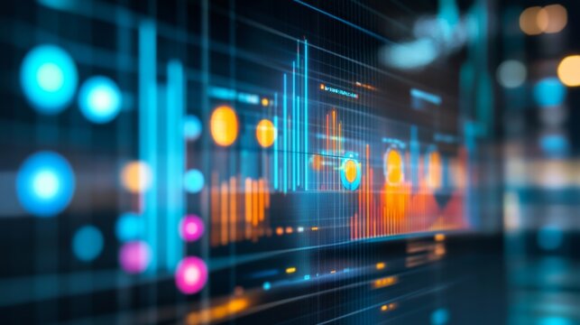Abstract digital financial data visualization with colorful graphs and charts showcasing trends and statistics in a modern, high-tech environment