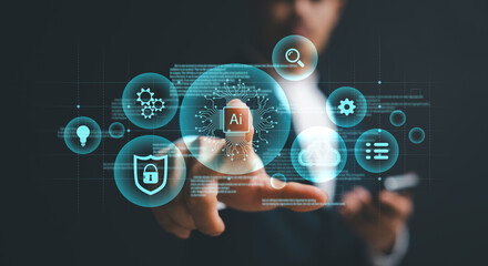 businessman using Ai technology in business by artificial intelligence,  smart robot AI, Futuristic technology transformation, using AI technology for developing running business on cloud computing
