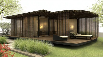 Fototapeta premium Modern architectural design of a stylish home outdoor environment 3d rendering tranquil surroundings