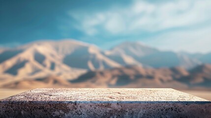 Empty table for product display montages with blurred background of mountains.