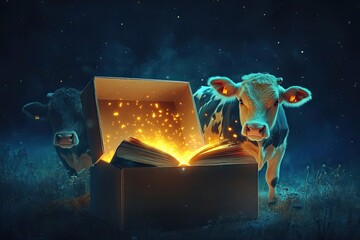 Fototapeta premium Two Cows Observe A Magical Glowing Book In A Box