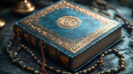 Antique Quran with gold details, resting on a dark surface adorned with prayer beads.