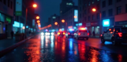 Fototapeta premium Intense police lights dominate night city scene, soft bokeh , abstract, image, dark