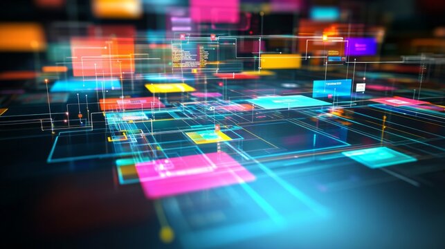 Abstract technological background with glowing neon squares and digital connections representing data flow, innovation, and modern communication networks