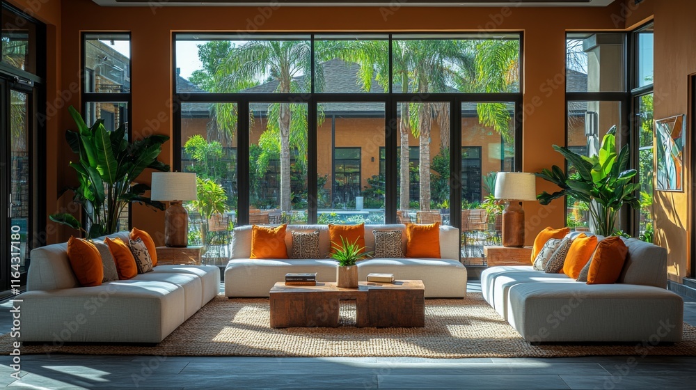 Poster a stylish living room features large windows that provide a stunning view of palm trees and a pool a