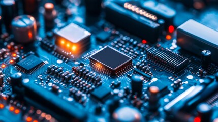 Fototapeta premium Close-Up View of a Detailed Electronic Circuit Board with Microchips and LED Lights Featuring Blue and Orange Glow in a Modern Technology Environment