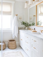 Elegant White Bathroom With Gold Accents And Marble Vanity