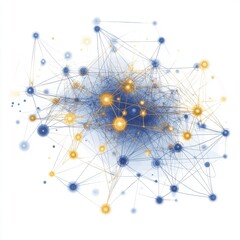 An abstract digital network visualization with blue and gold nodes interconnected by fine lines.