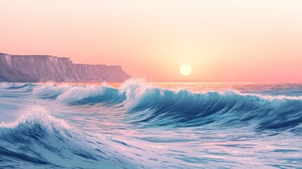 Fototapeta premium Serene ocean sunset with waves crashing on shore.