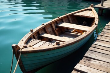 Fototapeta premium Old wooden boat on dock with weathered wooden planks and ropes, driftwood, nautical