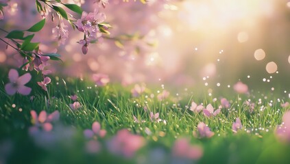 Delicate Blossoms Under Soft Sunlight: A Serene Spring Scene Featuring Pink Flowers and Lush Green Grass with Sparkling Bokeh Lights in a Tranquil Garden Setting