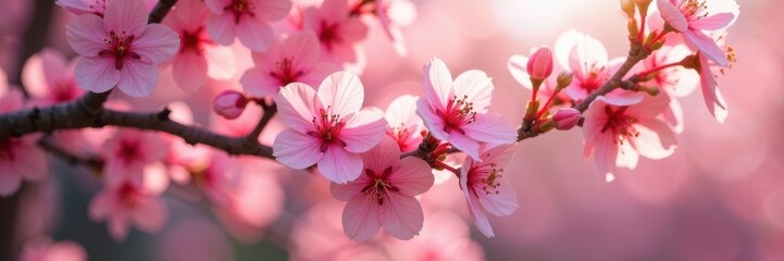 Fototapeta premium Pink blossoms burst forth on a tree, sunlight dappling the petals , delicate, image, close-up
