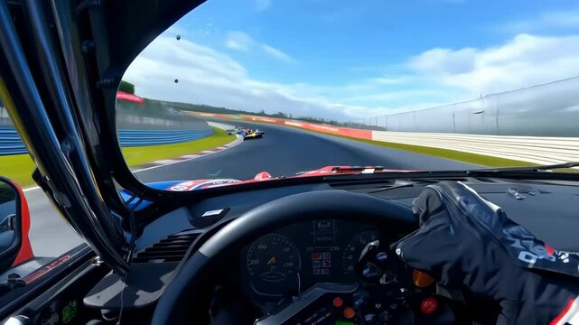 Drivers view from inside a race car speeding on a track. Motorsport and adrenaline concept.