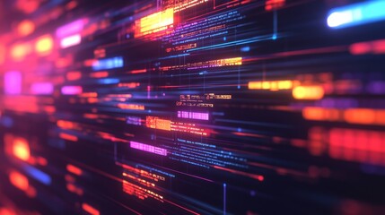 Dynamic Data Flow Representation with Colorful Light Trails and Binary Code in a Futuristic Digital Environment for Technology and Innovation Themes