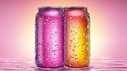 Refreshing beverage display vibrant cans on a serene background captivating product photography bright atmosphere