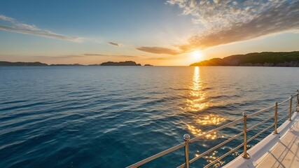 A calm scene unfolds as the bright, golden sun rises above the peaceful blue waters, spreading a gentle light across the horizon and signaling the start of a beautiful day