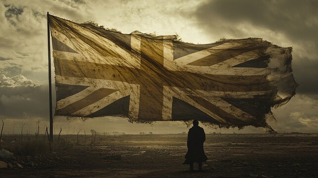 large Union Jack partially dissolves into a cloudy sky, with a somber silhouette of a person standing in front, capturing the moment of personal reflection and deep sorrow. The fading flag mirrors 