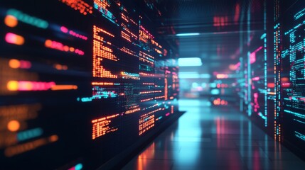 Futuristic data center with illuminated circuit boards and neon light patterns reflecting modern technology and innovation for digital enterprises and networks