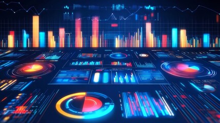 Futuristic Data Visualization Design with Colorful Graphs and Digital Charts Representing Financial Trends and Business Analytics in a High-Tech Environment