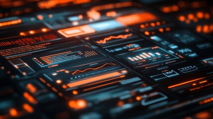 Obraz premium Futuristic Data Visualization Interface with Neon Orange Accents and Dark Background, Showcasing Graphs, Charts, and Analytical Metrics for Digital Analysis