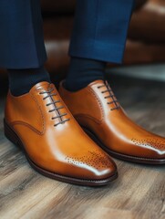 people, business, fashion and footwear concept - close up of man legs in elegant shoes with laces or lace boots