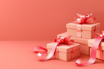 Ribbon or bows in various colors and patterns, 3d illustration of two light red gift boxes with bows and ribbons, isolated on light red background
