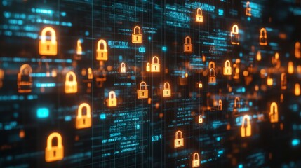 Futuristic Digital Background with Security Padlocks and Binary Code Symbols Representing Cybersecurity and Data Protection Concepts