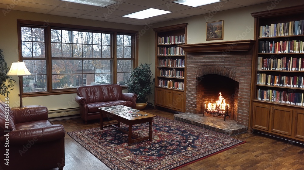 Poster a serene library features comfortable leather couches near a glowing fireplace. books line the shelv