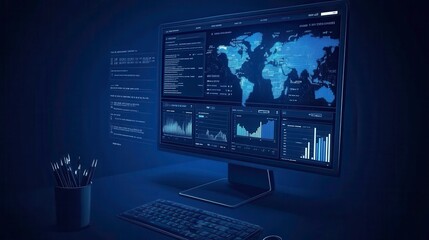 Fototapeta premium Analyzing global data trends digital workspace infographic dashboard modern technology high-tech viewpoint