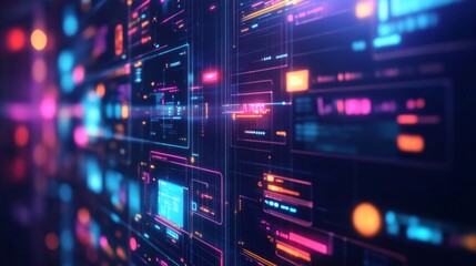Futuristic Digital Interface with Neon Colors, Data Connections and Information Displays in a Technological Background Displaying Modern User Experience Design
