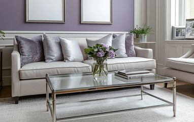 Fototapeta premium Elegant living room interior with beige sofa, glass coffee table, purple wall, and decorative pillows.