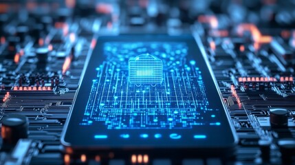 Futuristic Mobile Device Displaying Digital Network Data on Circuit Board Background, Symbolizing Technology Connectivity and Data Transfer in Modern Communication