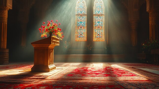 Sunbeams illuminate a wooden lectern with red roses in a grand cathedral.