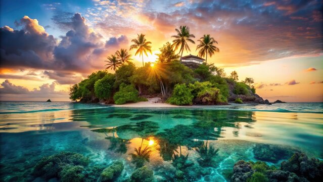 Serene Double Exposure of Mnemba Island at Sunrise with Exotic Lagoon and Crystal Waters