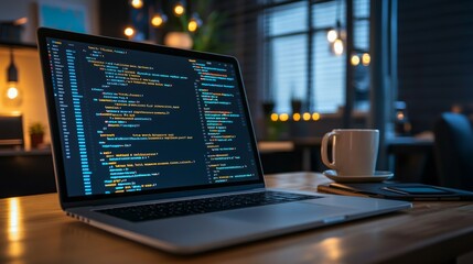 Modern Laptop Displaying Colorful Code on Screen in Cozy Workspace with Soft Lighting and a Cup of Coffee Beside It