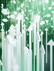 Direction to success concept with white growing arrows, plus signs, pixel symbols and lines on abstract green background. 3D rendering