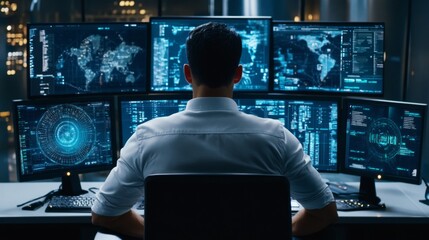 Professional data analyst working in a high-tech office environment, analyzing global data trends on multiple screens with futuristic interface and visualizations.