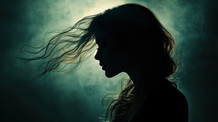 Fototapeta premium Silhouette of a Woman with Flowing Hair in a Mysterious Atmosphere