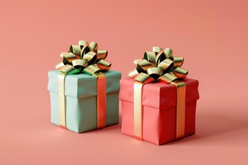 Obraz premium Traditional ornaments in classic colors like golden red green, gold, and green, 3d illustration of two light red gift boxes with bows and ribbons, isolated on light red background