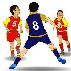Three young soccer players are engaged in a match, with the player in blue attempting to intercept the ball from two players in red. The scene captures their competitive spirit and focus on the game.