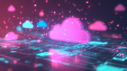 Stunning Digital Cloud Computing Concept with Neon Lights and Data Visualization Elements in a Futuristic Style for Technology and Innovation Themes
