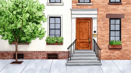 Elegant Brownstone Apartment Facade with Greenery and Steps