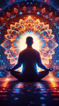 Meditation man sitting in lotus position with glowing mandal pattern