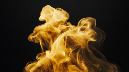 A dramatic golden smoke cloud swirling gracefully against a deep black background, creating a mesmerizing contrast that highlights the fluidity of the smoke.