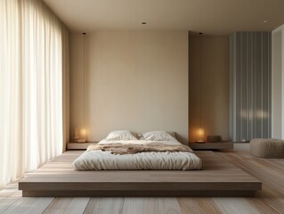 Minimalist bedroom design featuring a platform bed and neutral tones