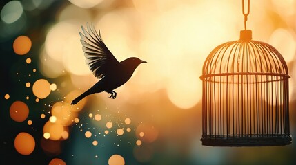 Fototapeta premium A bird soaring from a cage dangling in front of a hazy backdrop