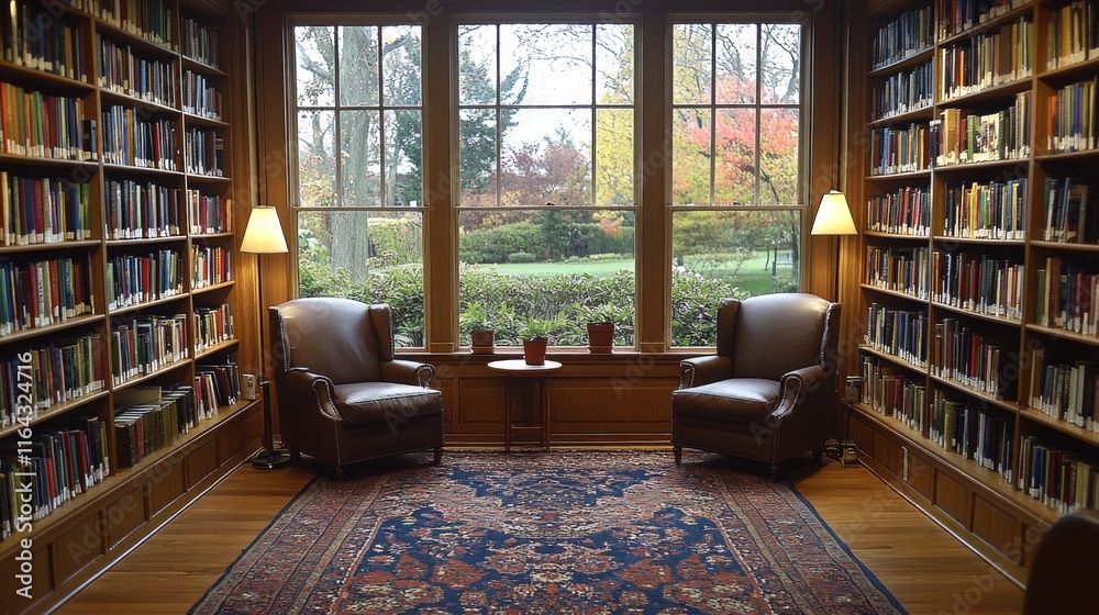 Poster a quiet library corner features two armchairs beside a small table, surrounded by bookshelves. large