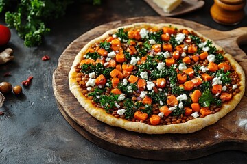 A vibrant vegetarian pizza topped with roasted butternut squash and fresh greens.